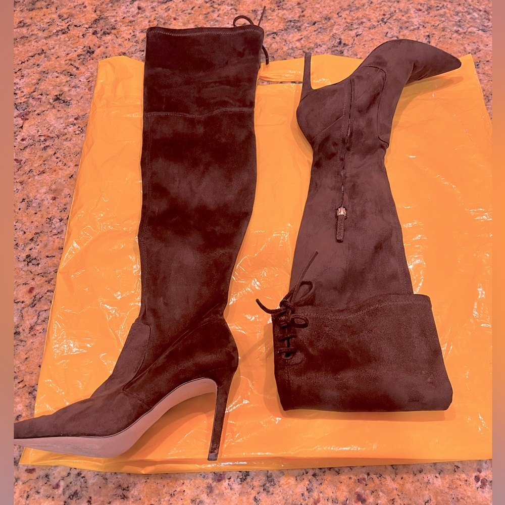 Women’s Good American Tailored Stiletto Over the Knee Boots Brown Suede Sz 7
